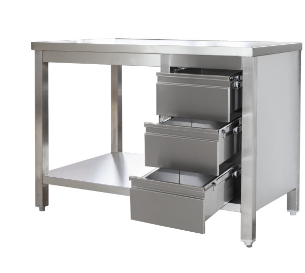Edelstahl Arbeitstisch mit Schubladenblock rechts verschweißt | Bautiefe 800mm | mit Grundboden | AI