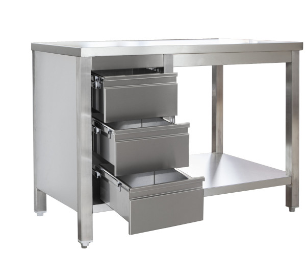 Edelstahl Arbeitstisch mit Schubladenblock links verschweißt | Bautiefe 800mm | mit Grundboden | AIS