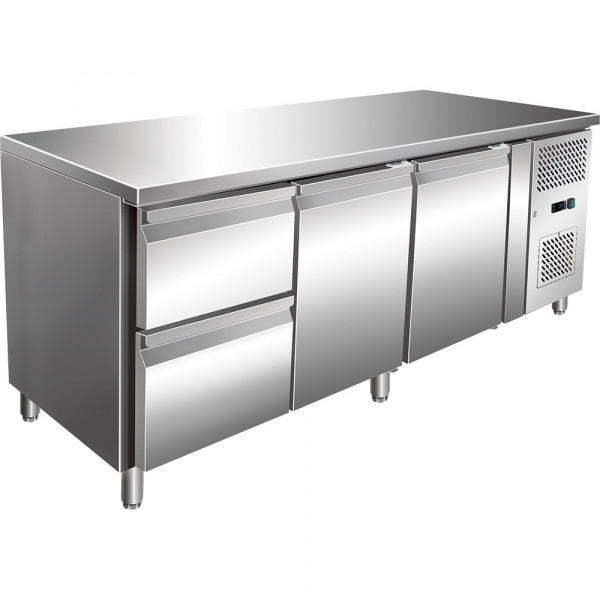 Kühltisch GN1/1 mit 2 Türen & 2 Schubladen/Umluftkühlung, 465 Liter